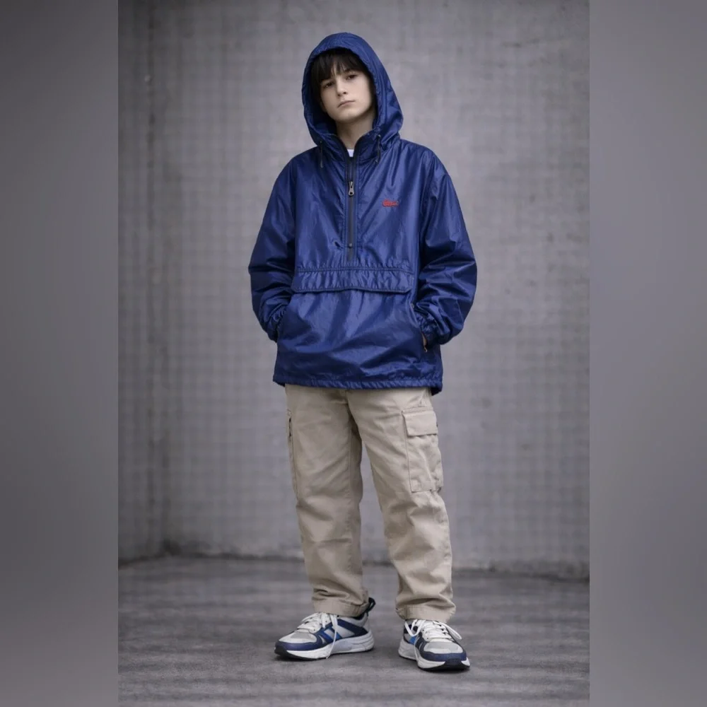Y2K Vintage Lacoste Windbreaker Jacket Youth L Blue Red Nylon 1/4 Zip Streetwear